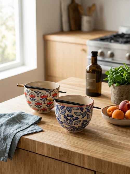 Pechino - Set of 2 Ramen Bowls, 2 Sets of Chopsticks - Ceramic - 800ml
