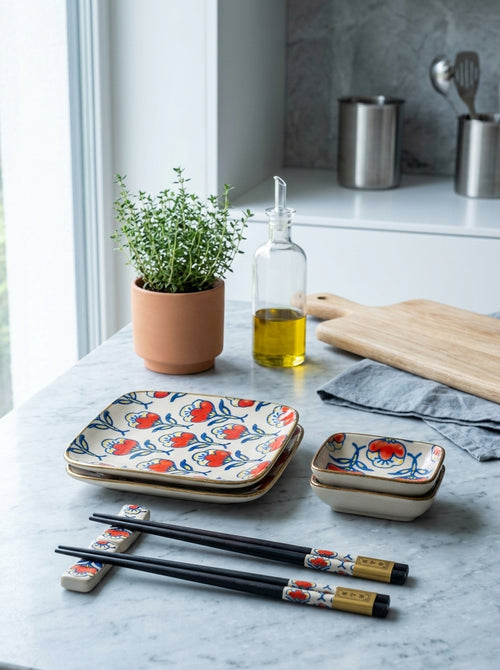 Pechino - Set Of 2 Plates, 2 Bowls And 2 Sets Of Chopsticks - Red - Ceramic