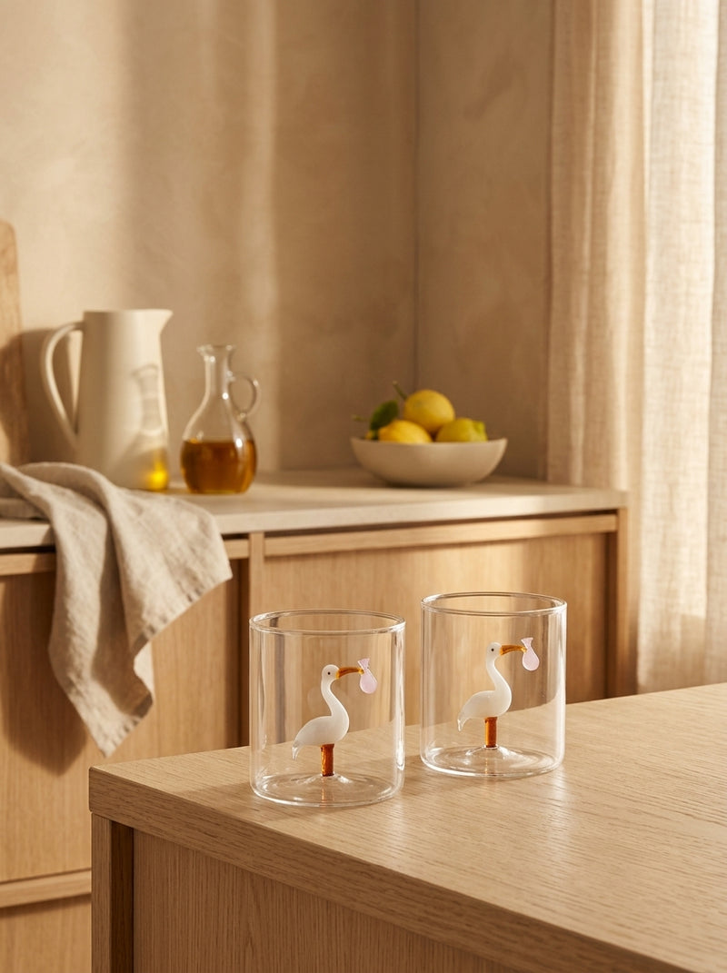 Monterey - Lot De 2 Gobelets Cigogne Porte-Bébé Roses - Verre Borosilicate