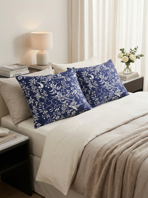 Birds - Set Of 2 Birds Cotton Satin Pillowcases Blue