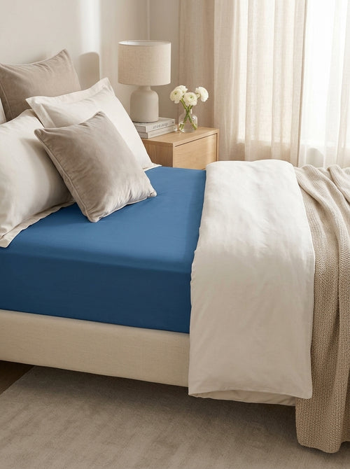 Aurore - Plain Cotton Satin Fitted Sheet Blue