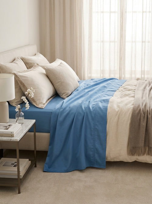 Aurore - Drap Plat Satin De Coton Uni Bleu