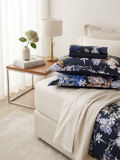 Bouquet D'Hortensias - Ensemble De Draps - Satin De Coton - Bleu