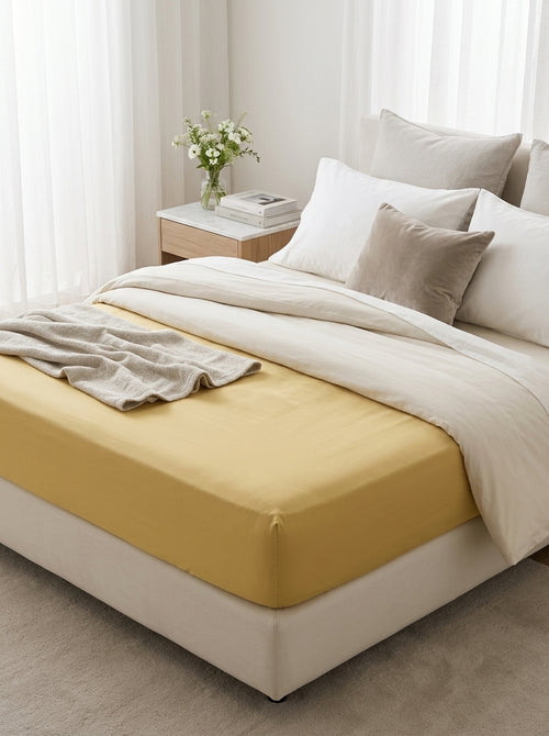 Aurore - Plain Cotton Satin Fitted Sheet Ocher
