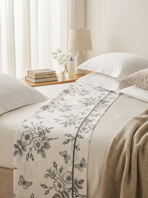 Envolée De Papillons - Drap Plat - Satin De Coton - Blanc