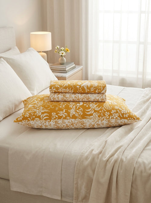 Pájaros - Juego De Sábanas: Sábana Bajera, Sábana Encimera Y 1 Funda De Almohada - Satén De Algodón - Amarillo