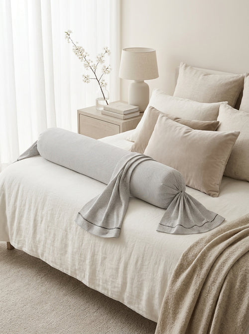 Flight of Butterflies - Cotton Satin Bolster Case with Fine Gray Stripes