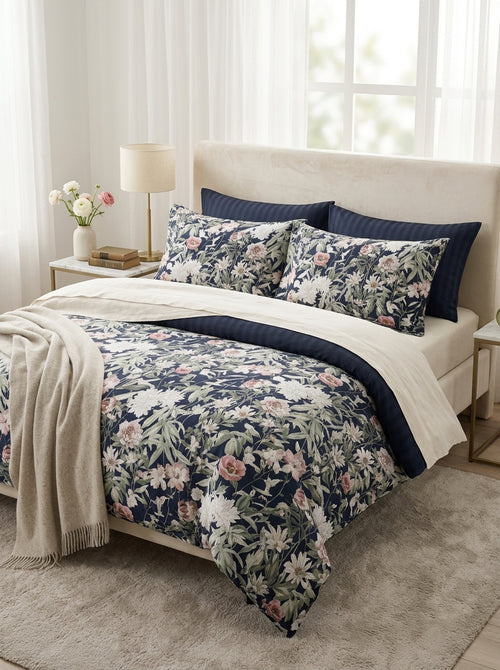 Bouquet De Nuit - Housse De Couette + 1 Ou 2 Taie(s) D'Oreiller - Satin De Coton - Bleu Foncé