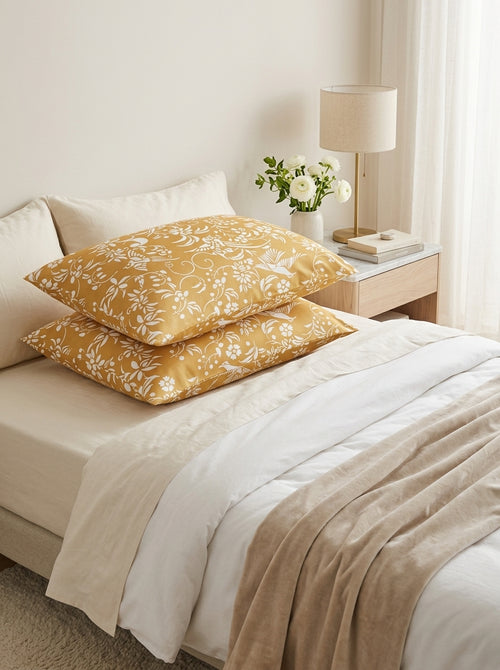 Birds - Set Of 2 Birds Cotton Satin Pillowcases Yellow