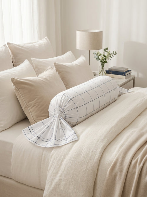 Caren - Cotton Satin Bolster Case - Caren White / Blue