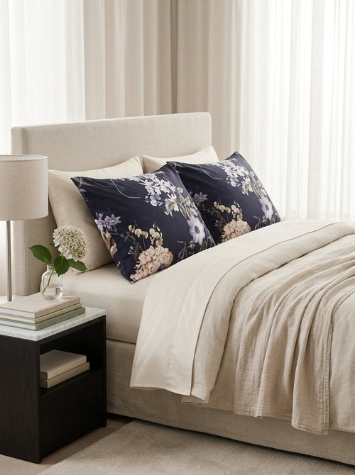 Hydrangea Bouquet - Set of 2 Cotton Satin Pillowcases Dark Blue Hydrangea Bouquet