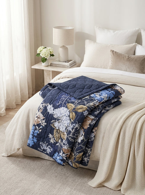 Bouquet D'Hortensias - Couvre-Lit - Satin De Coton - Bleu