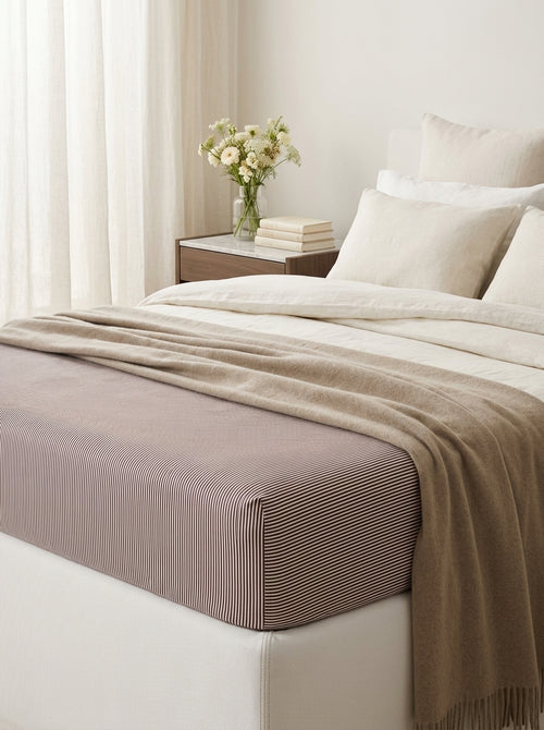 Fleurs Des Champs - Cotton Satin Fitted Sheet - Burgundy Stripes
