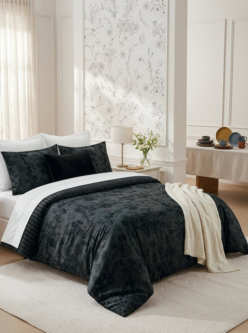 Flore - Funda Nórdica + 1 O 2 Funda(s) De Almohada Algodón Satén Flore Negro / Gris