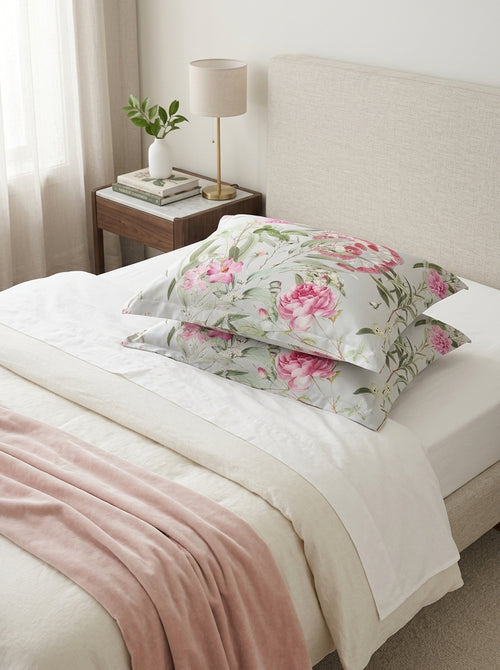 Rose Garden - Set of 2 Cotton Satin Pillowcases Rose Garden Thyme Green
