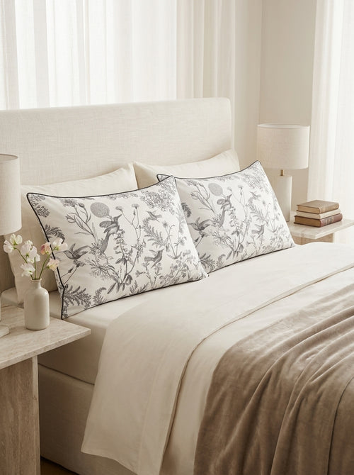 Jardin Du Colibri - Set Of 2 Cotton Satin Pillowcases Jardin Du Colibri Black Gray