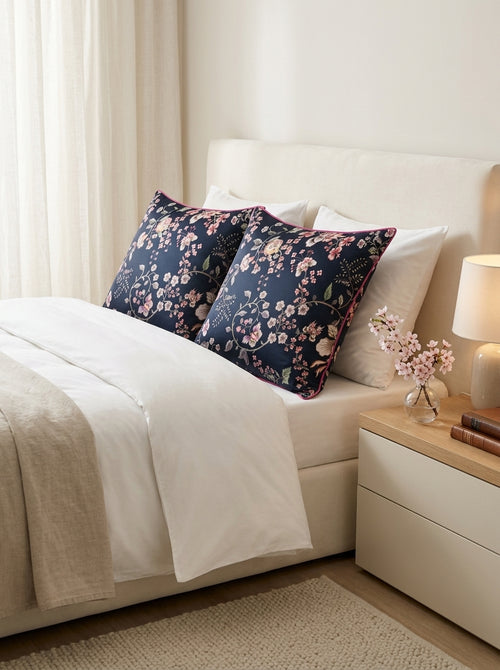 Secret Garden - Set Of 2 Secret Garden Cotton Satin Pillowcases Dark Blue / Pink