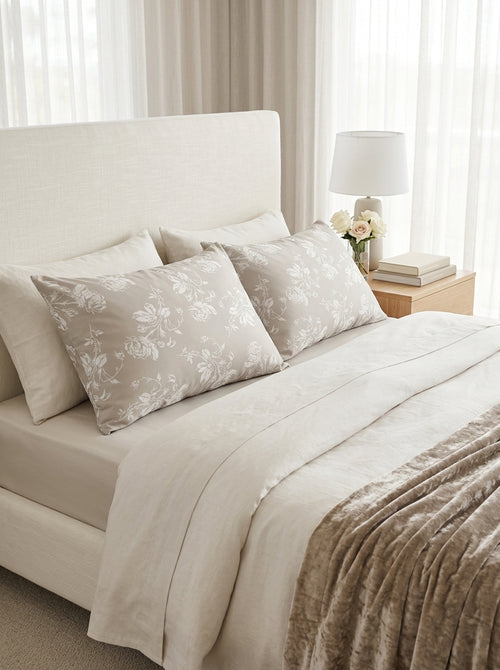 Roses - Set Of 2 Taupe Roses Cotton Satin Pillowcases