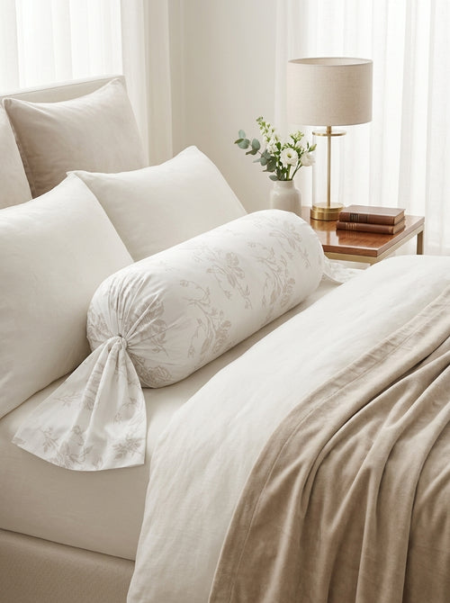 Roses - Cotton Satin Bolster Case - Roses White / Taupe