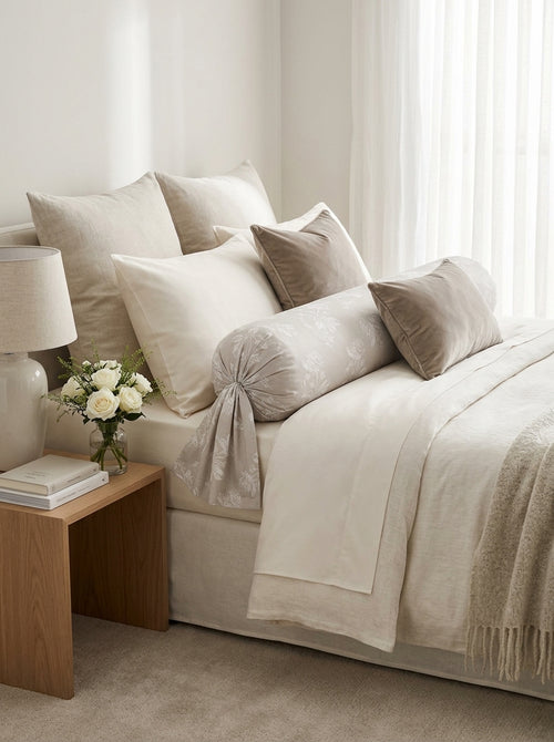 Roses - Cotton Satin Bolster Case - Taupe Roses