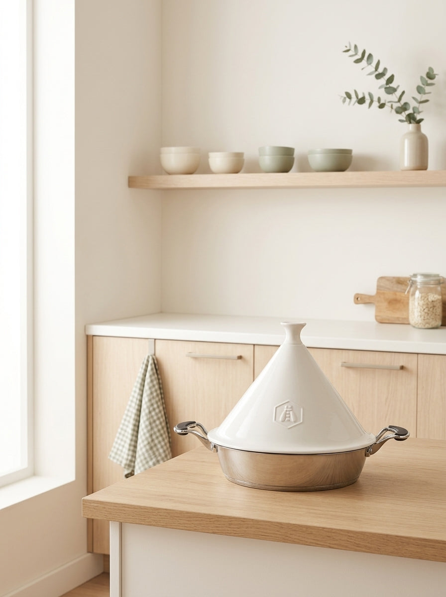 Tagine Con Tapa De Cerámica - Acero Inoxidable - Blanco