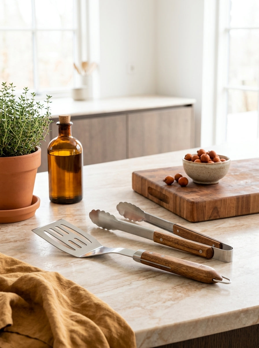 Sève - Juego de 2 utensilios para barbacoa Espátula + Pinzas - Acero y madera de acacia - Plata / Madera