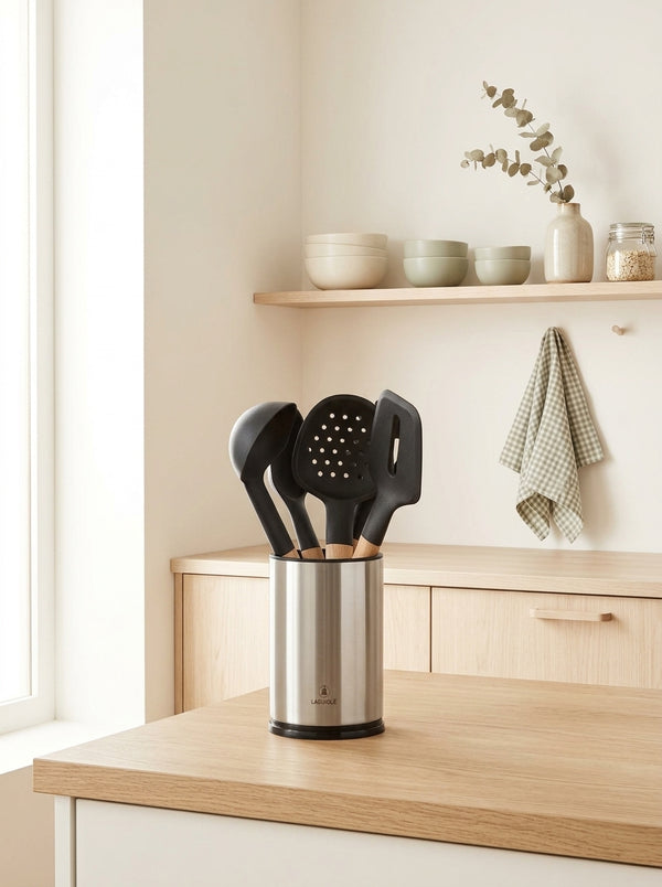 Sève - Juego de 6 utensilios de cocina - Acero inoxidable y madera de acacia - Plata / Madera
