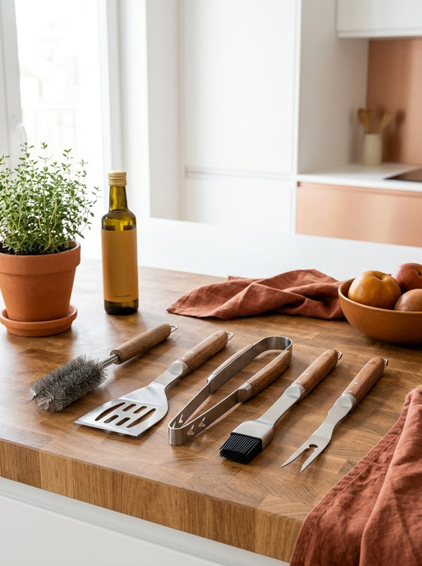 Sève - Juego de 5 utensilios para barbacoa - Acero y madera de acacia - Plata / Madera
