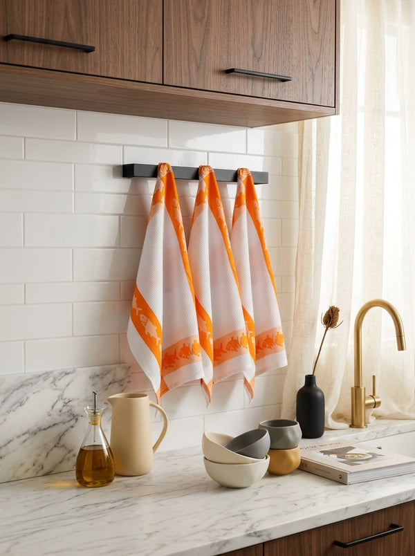 Carré - Juego de 3 paños de cocina con forma de panal - Algodón - Naranja
