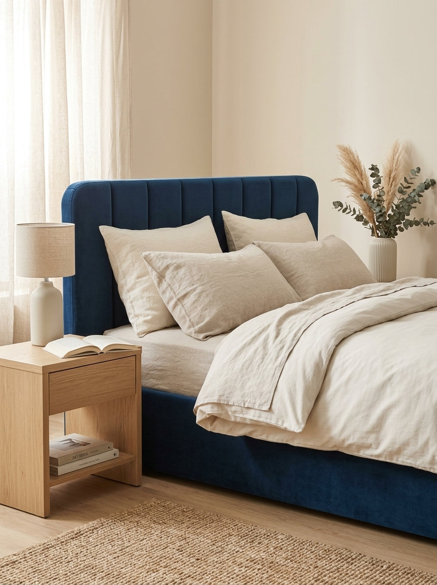 Aviala - Velvet Storage Bed With Headboard + Slatted Base - Blue
