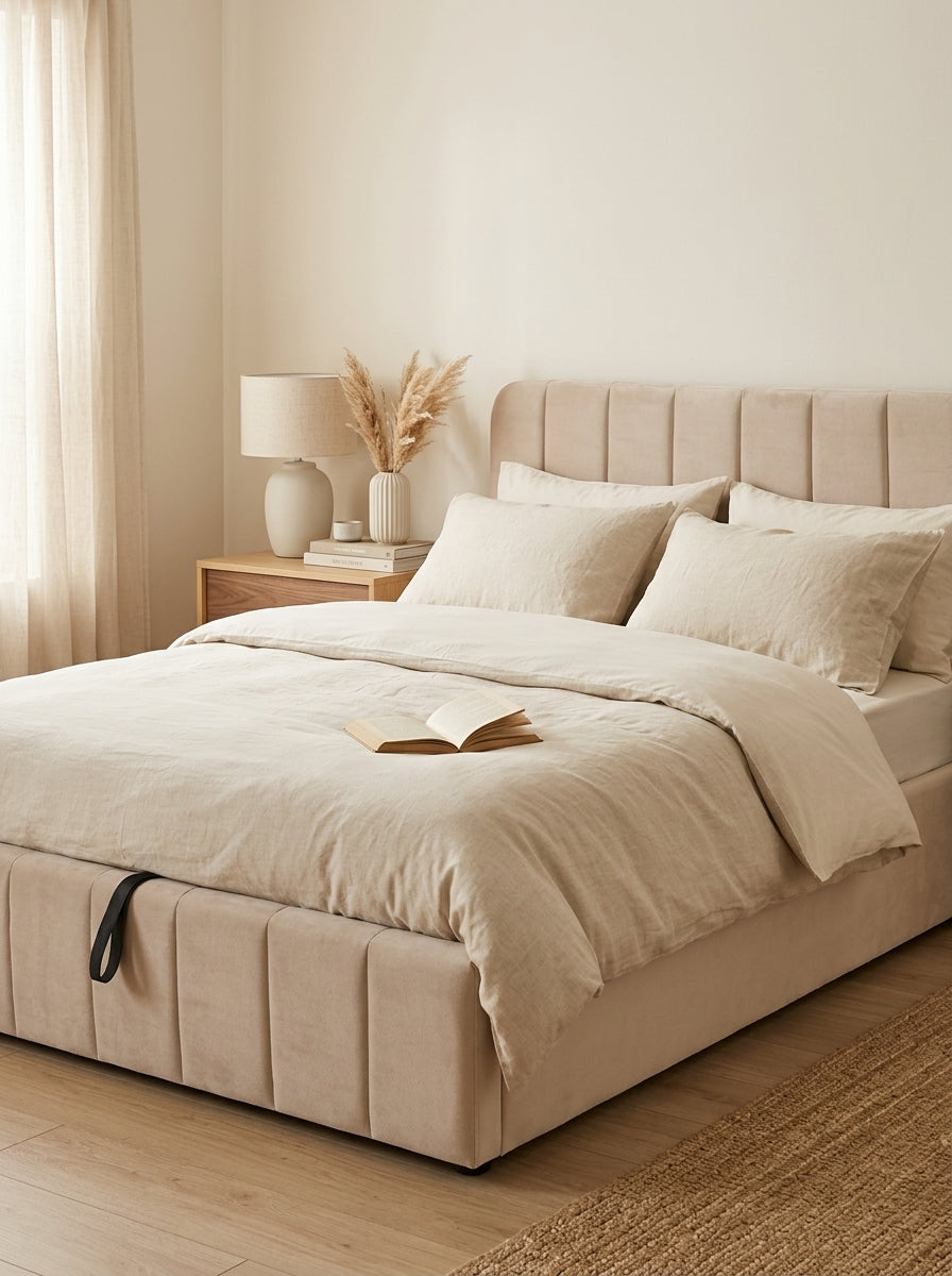 Aviala - Cama contenedor de terciopelo con cabecero + somier de láminas - Beige