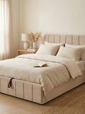 Aviala - Cama contenedor de terciopelo con cabecero + somier de láminas - Beige