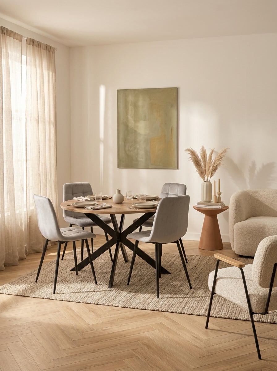 Dialo - Ensemble Table Ronde + 4 Chaises En Velours - Gris