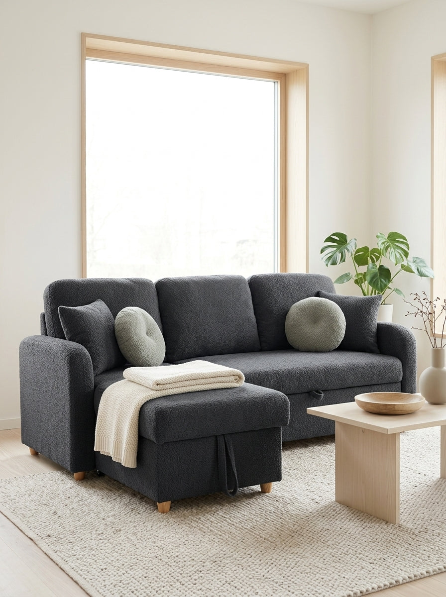 Siveco - Sofá esquinero convertible en tela Bouclette - Antracita