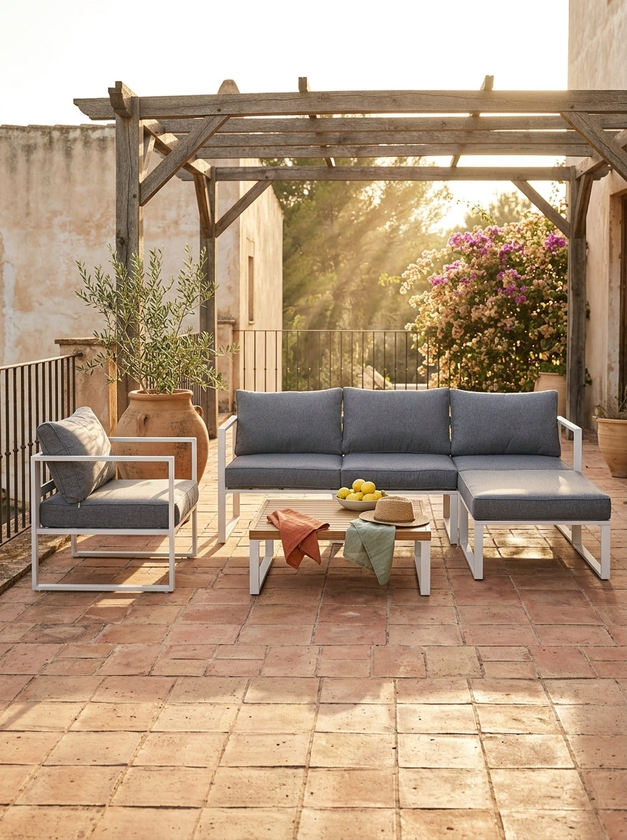 Aluzen - Salon De Jardin En Aluminium 4 Places + Pouf + Table Basse Rectangle - Gris