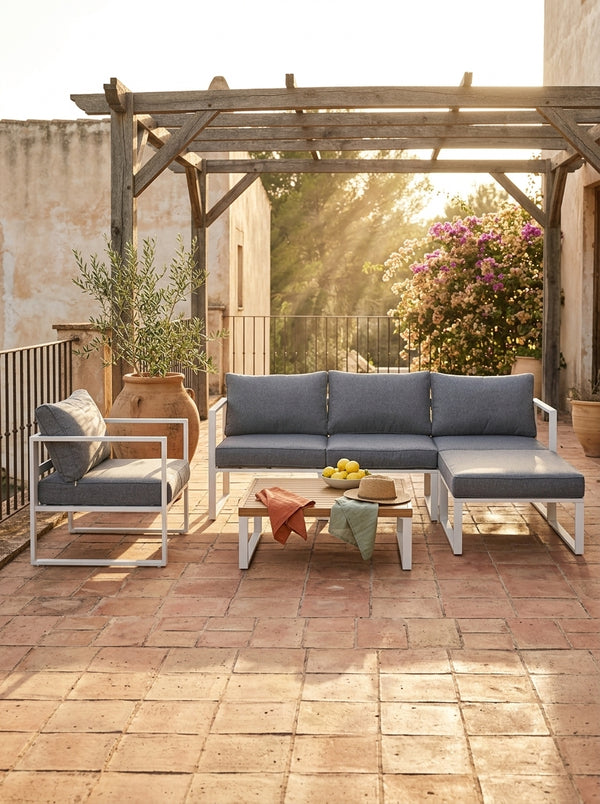 Aluzen - Salon De Jardin En Aluminium 4 Places + Pouf + Table Basse Rectangle - Gris