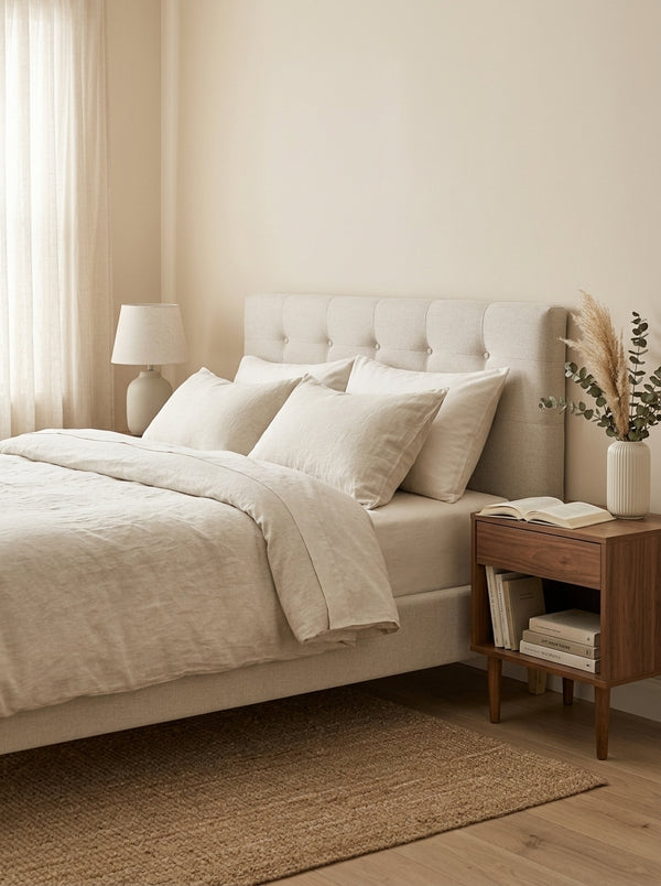 Mileno - Lit Avec Tête De Lit En Tissu Et Pieds Bois - Beige