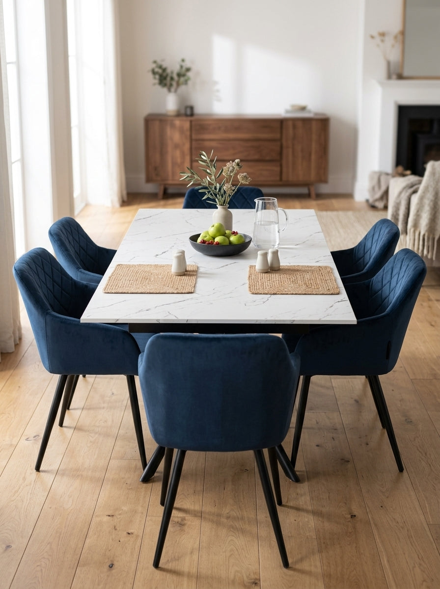 Mindy - Extendable Table + 6 Velvet Chairs - White Marble