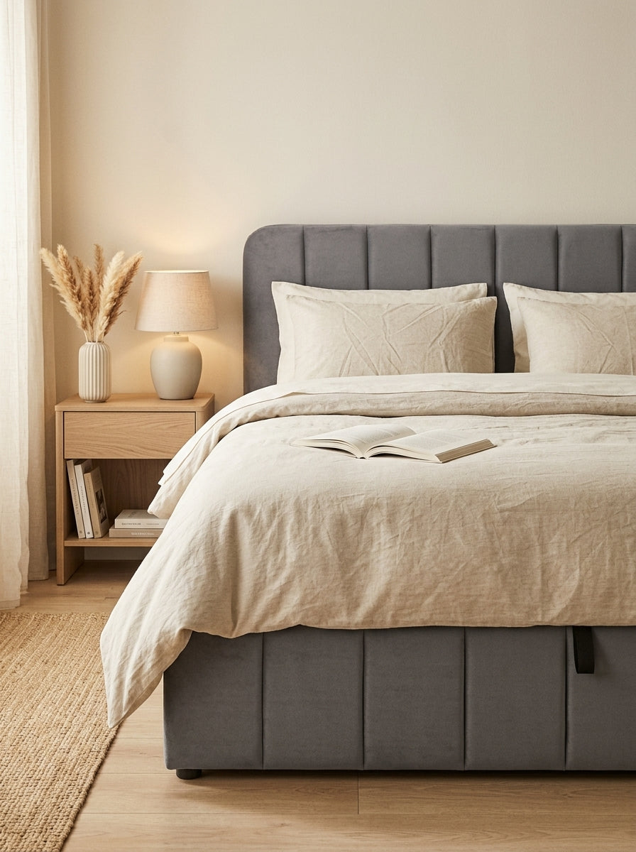 Aviala - Cama contenedor de terciopelo con cabecero + somier de láminas - Gris