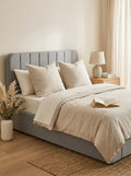 Aviala - Cama contenedor de tela con cabecero + somier de láminas - Gris