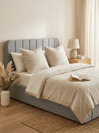 Aviala - Cama contenedor de tela con cabecero + somier de láminas - Gris