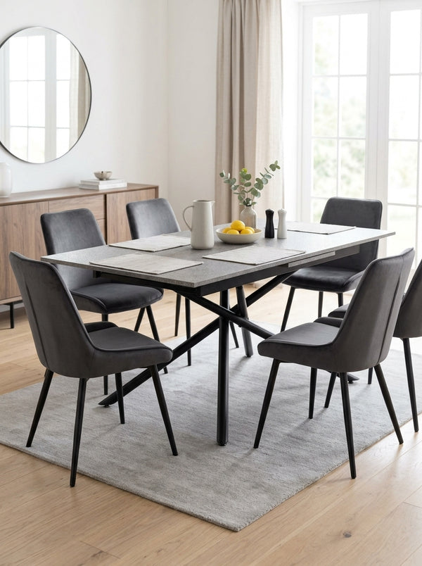 Mindy - Table Extensible + 6 Chaises En Velours - Gris