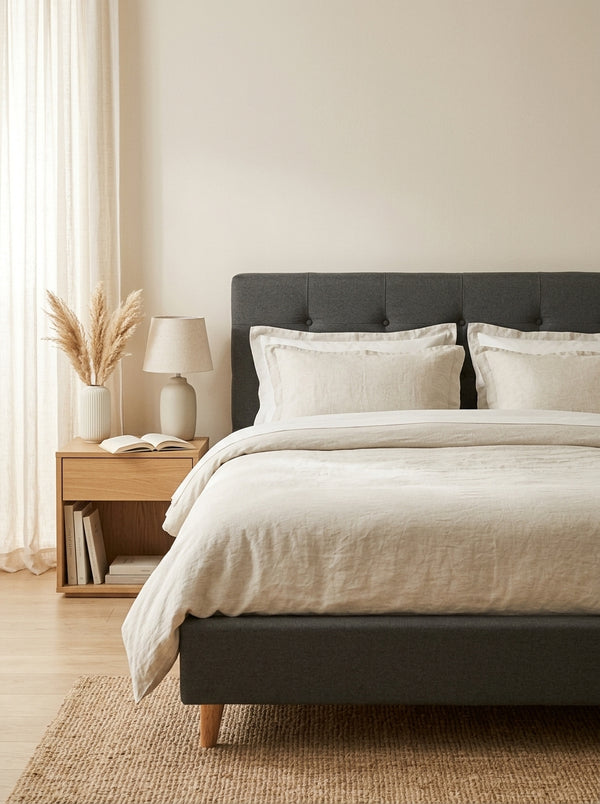 Mileno - Lit Avec Tête De Lit En Tissu Et Pieds Bois - Anthracite