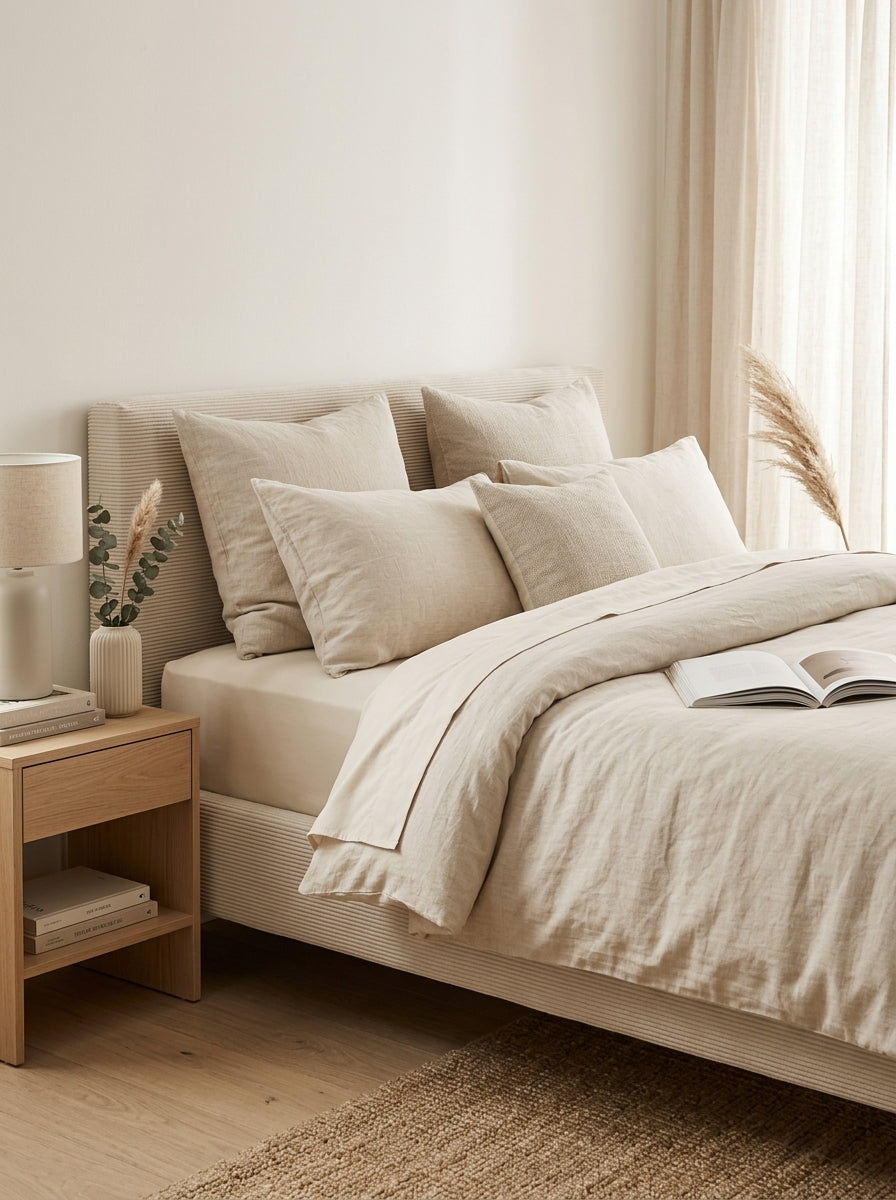 Mileno - Lit Avec Tête De Lit En Velours Côtelé Et Pieds Bois - Beige