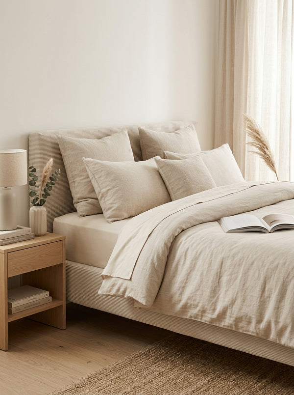 Mileno - Cama Con Cabecero De Pana Y Patas De Madera - Beige