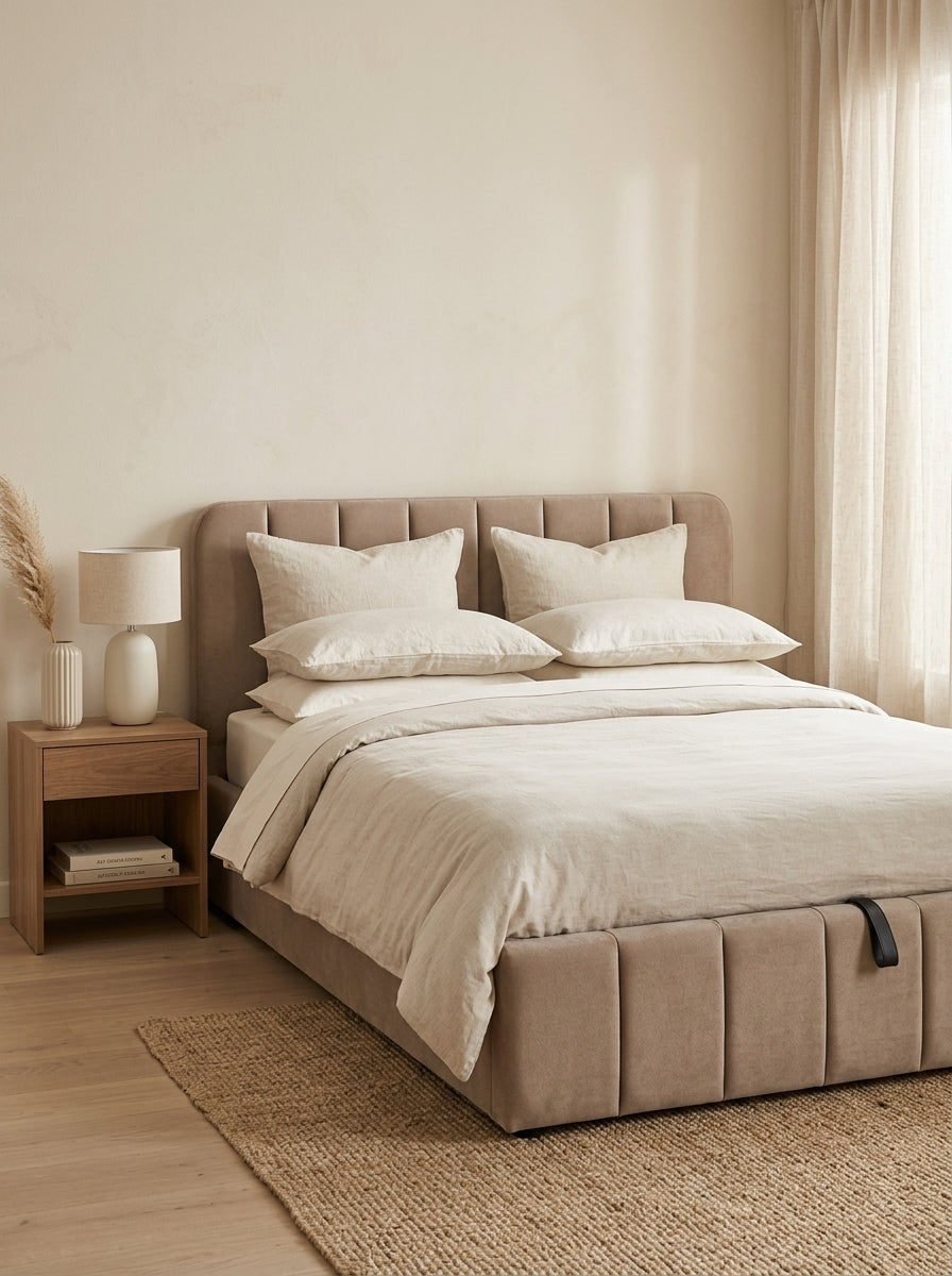 Aviala - Cama contenedor de terciopelo con cabecero + somier de láminas - Taupe
