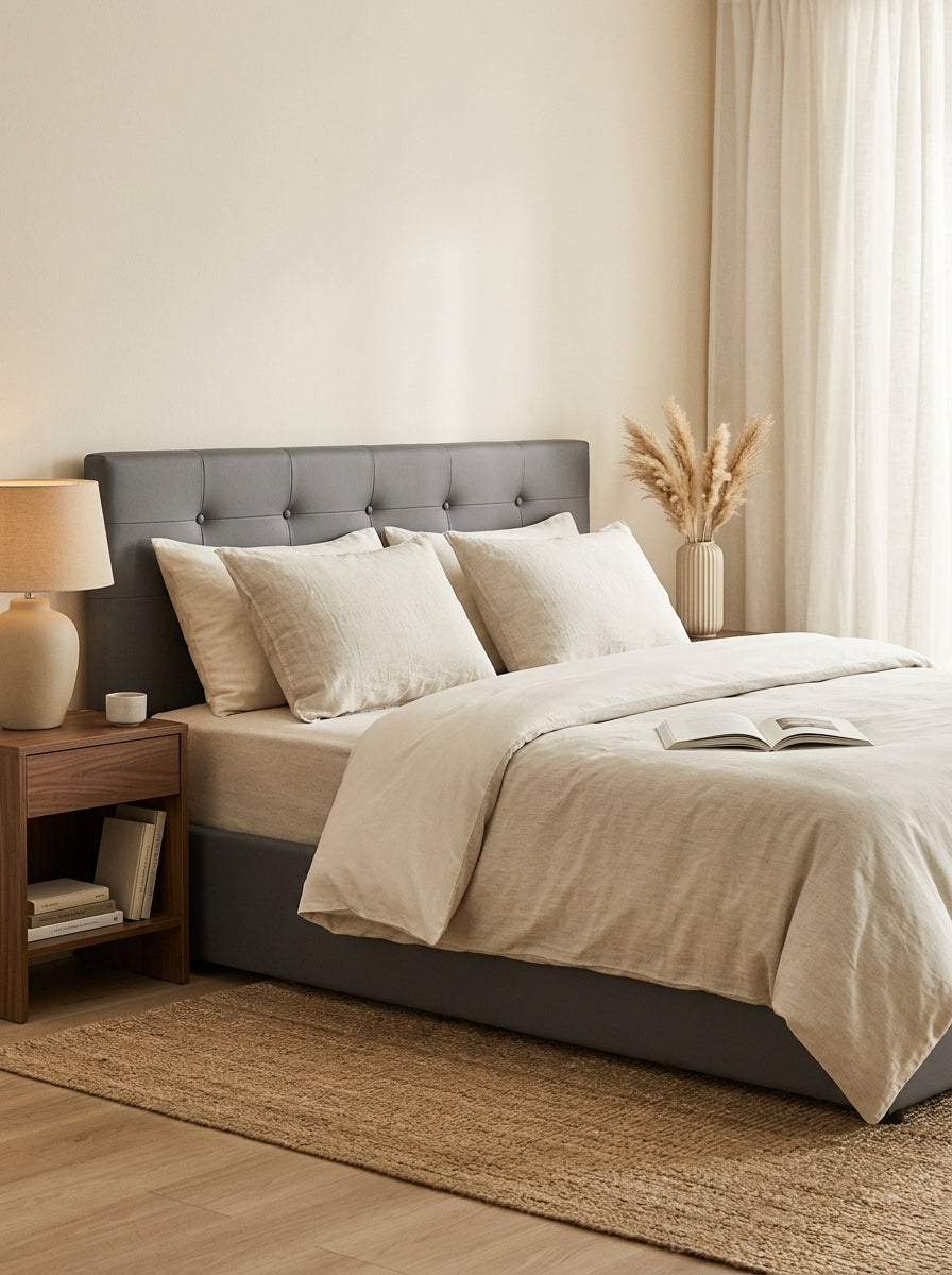 Tinali - Cama contenedor de Pu con cabecero + somier de láminas - Gris