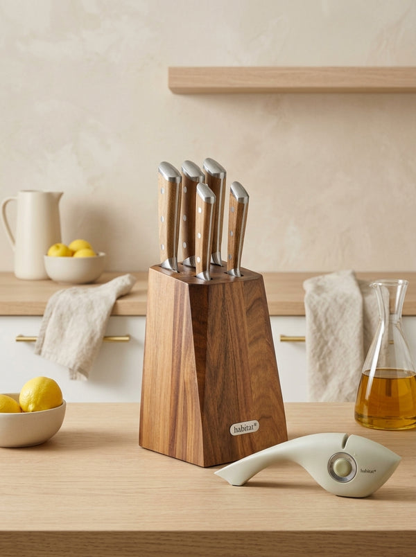 Opaline - Ceppo Da 5 Coltelli In Legno + Un Affilatore 3 In 1 - Legno/Bianco