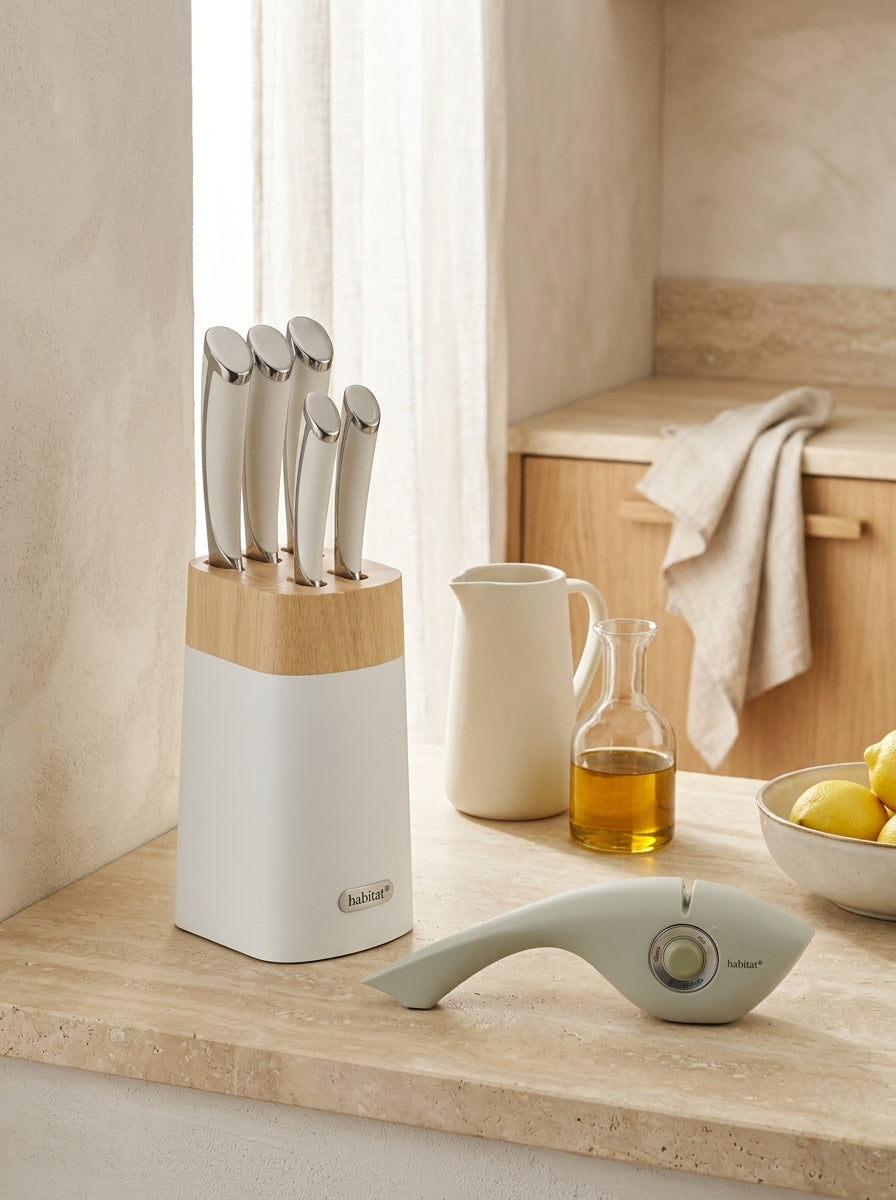 Heritage - Ceppo Da 5 Coltelli In Bianco + Un Affilatore 3 In 1 - Bianco
