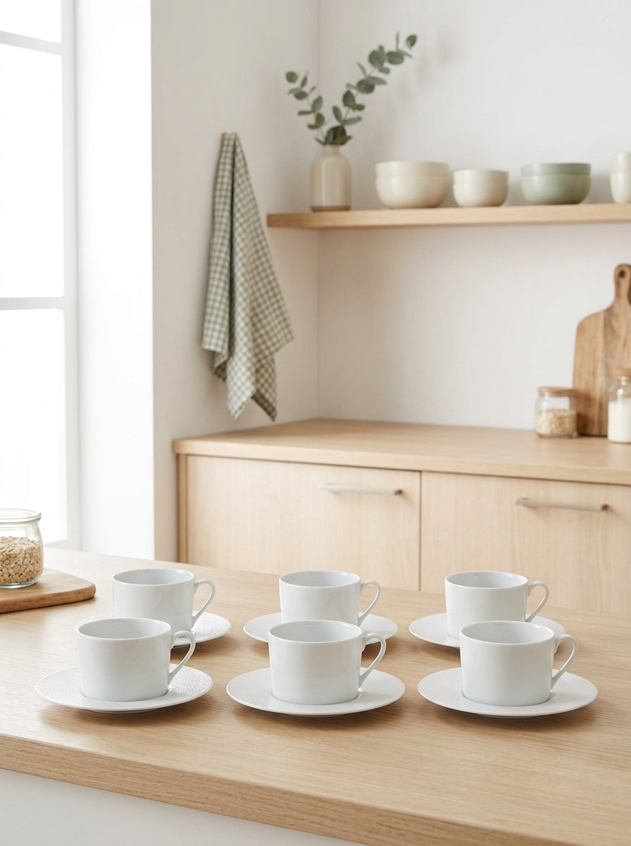 Solène - Set di 6 tazze da caffè con piattini - 12 cl - Bianco